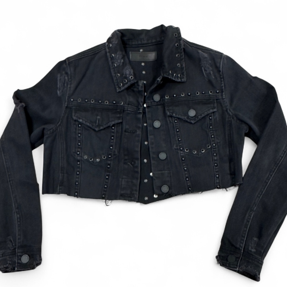 BLANK NYC Womens Distressed Studded Jean Moto Jacket Black Ripped Rare Sz Small